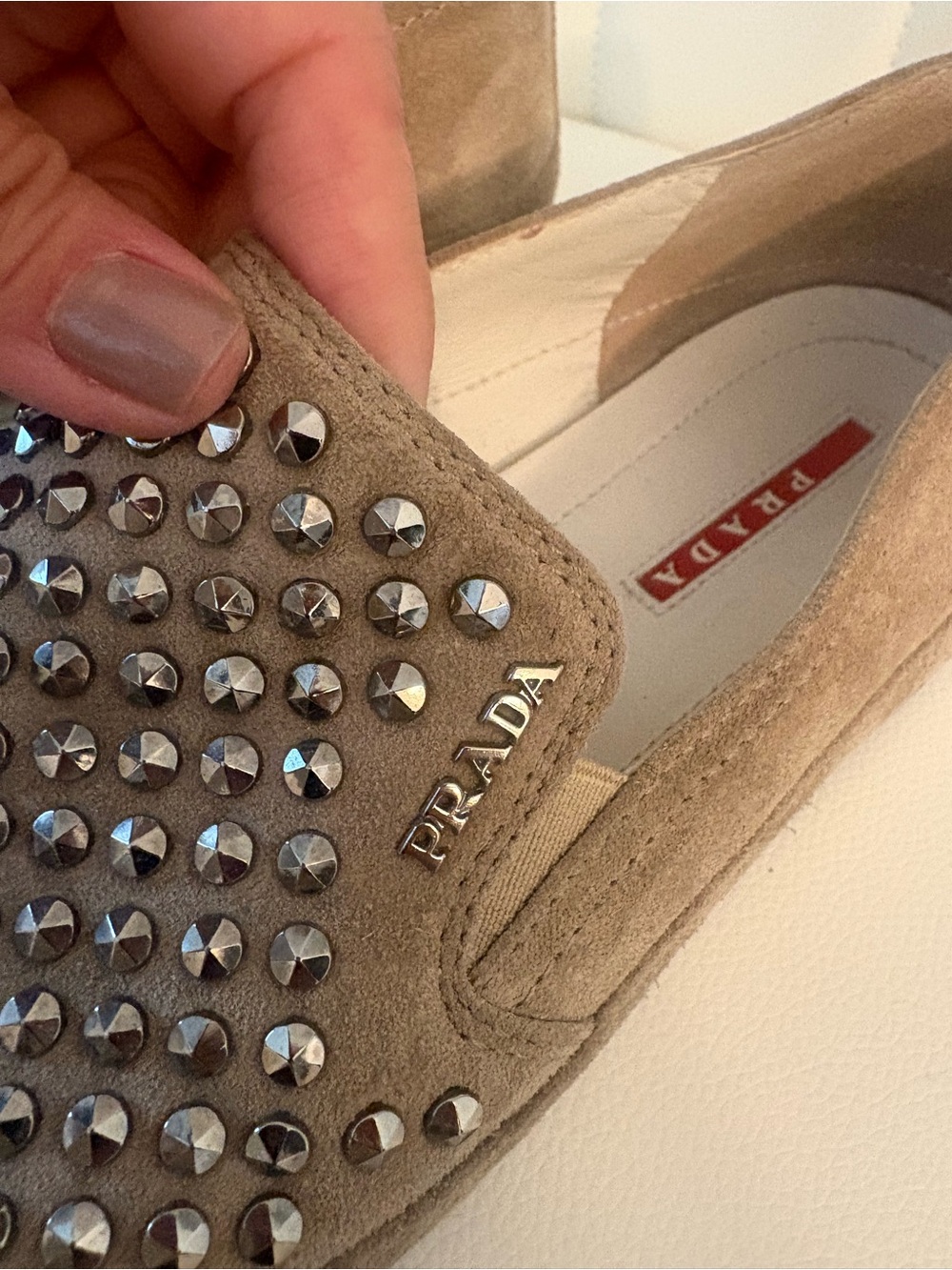 Prada Taupe Suede Studded Slip-On Moccasins